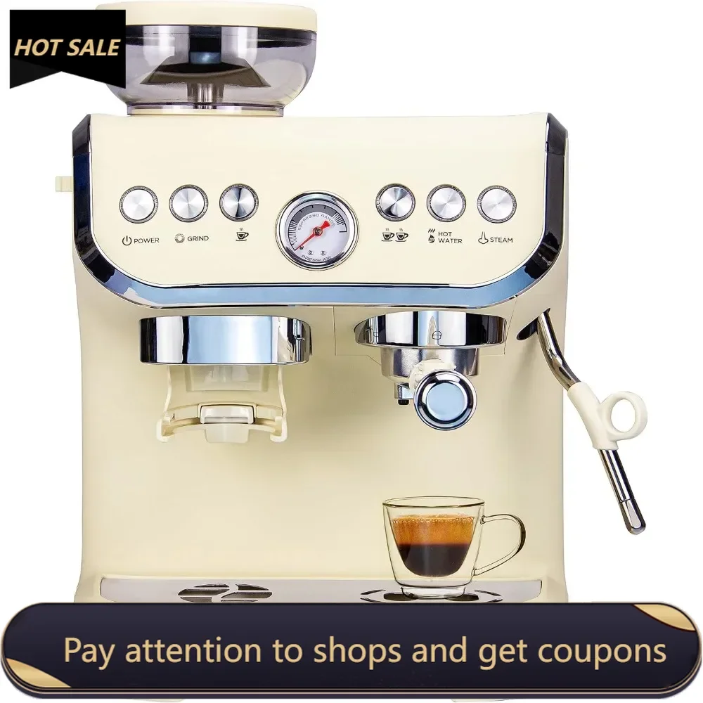 

Espresso Machine 15 Bar, Coffee Maker With Milk Frother Steam Wand, Built-In Bean Grinder, Combo Cappuccino Machine