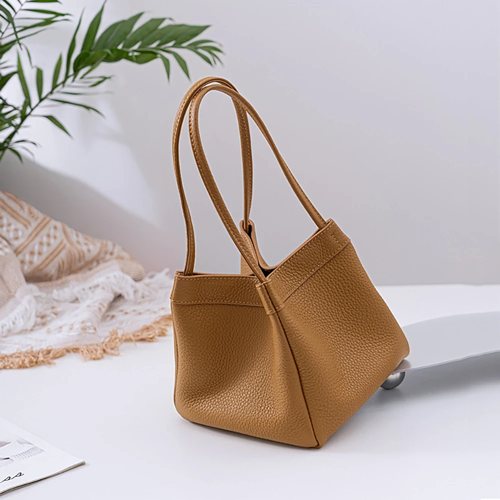 Genuine Leather Women Shoulder Bag Color Fashion Female Square Bucket Purse Solid Versatile Top Handle Underarm Cowhide Tote Bag