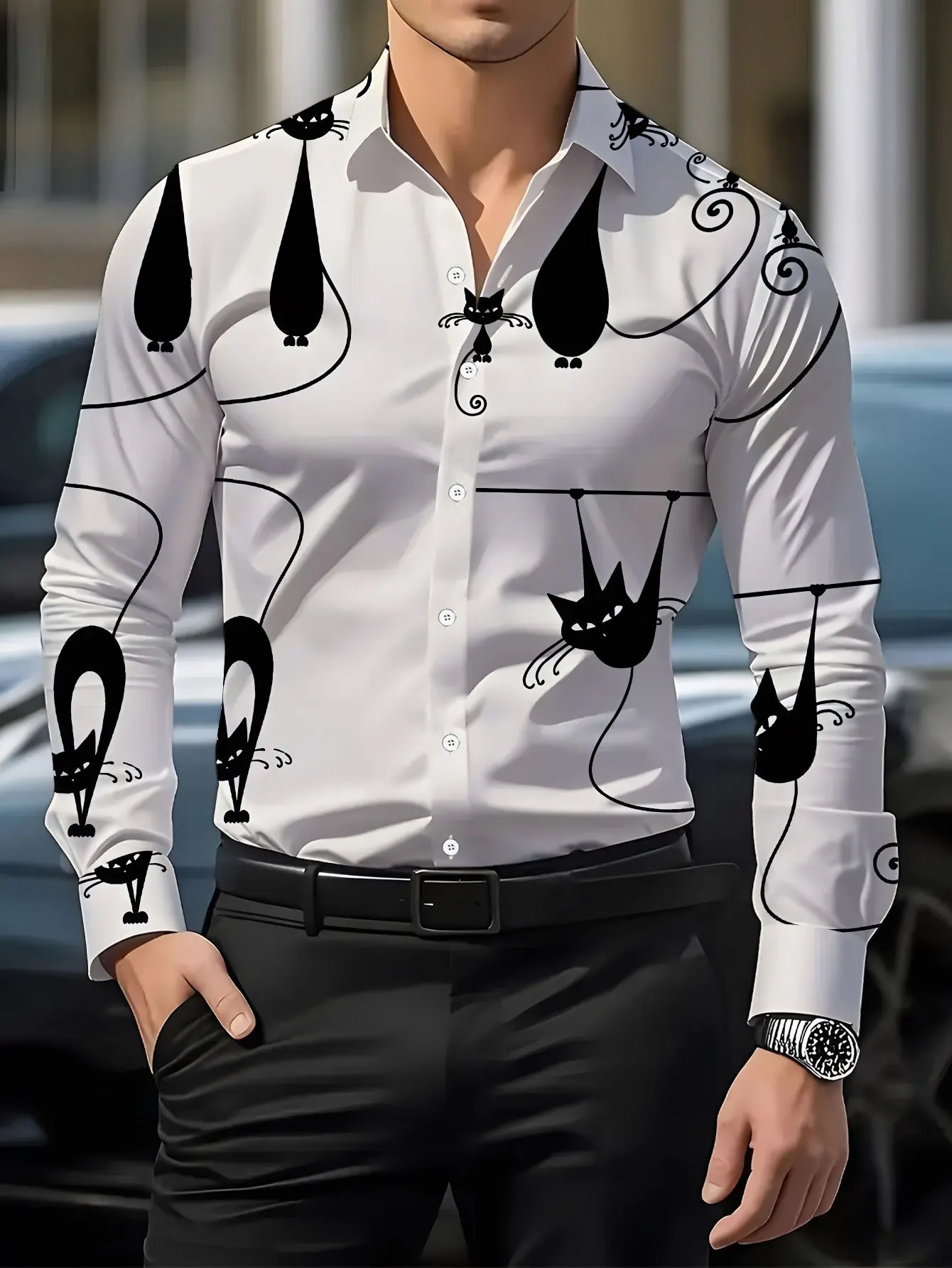 2026 Men Long Sleeve Shirt White Swan Heart Print Turn Down Collar Fashion Daily Top Men's Clothing