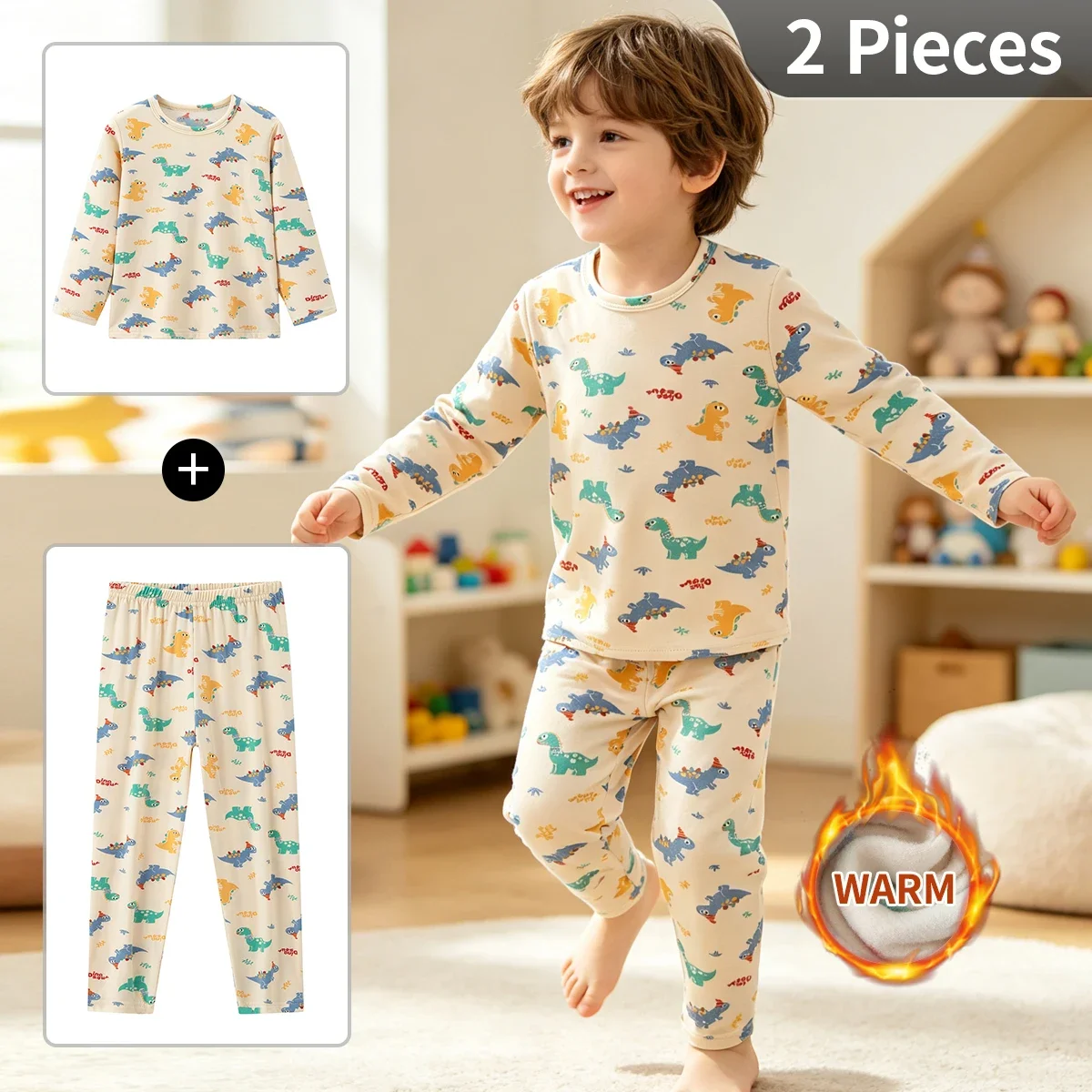 2Pcs Kids Thermal Underwear Set, Autumn Winter Long Sleeve Cute Cartoon Sleepwear, Comfortable Outfit for Boys Girls