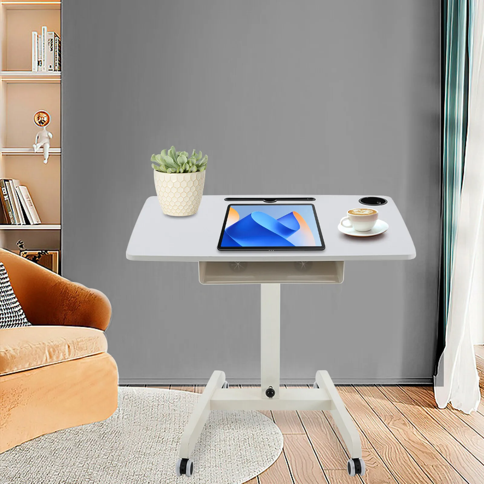 

80*55.88cm Iron&Wood Overbed Food Tray Table Stand Podium White Rolling Height Adjustable Laptop Sofa Desk For Podium Desk