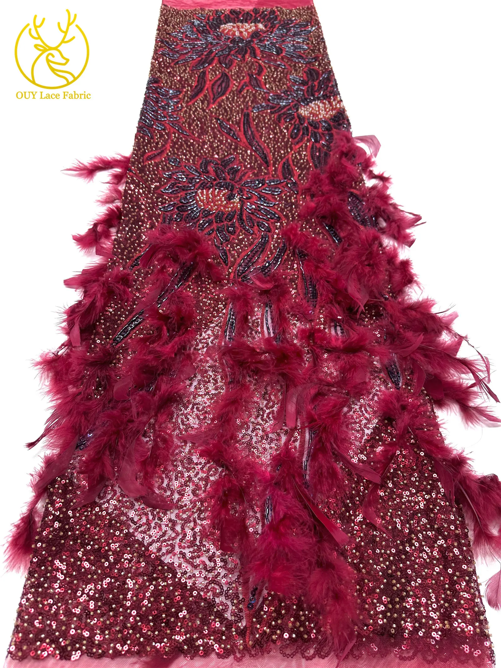3D High-End Luxus Feder-Stickerei Perlenbesetzter Afrikanischer Spitzenstoff 2026 Nigerianische Französische Pailletten-Spitze für Hochzeitskleider zum Nähen – Detail 17