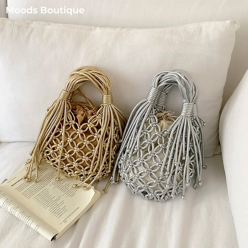 MOODS Ins Luxus Glitzer Metallic Makramee Tragetasche Böhmische Fransen Geknotete Netz-Handtasche Sommer Resort Damen Gewebte Schultertasche
