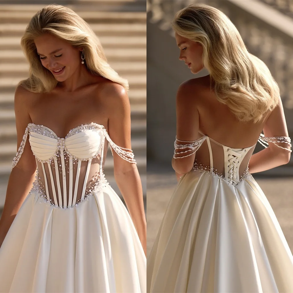 

Customized White Satin Wedding Dress Romantic Strapless Sleeveless Bridal Party Temperament Lace Up Back Vestido De Novia
