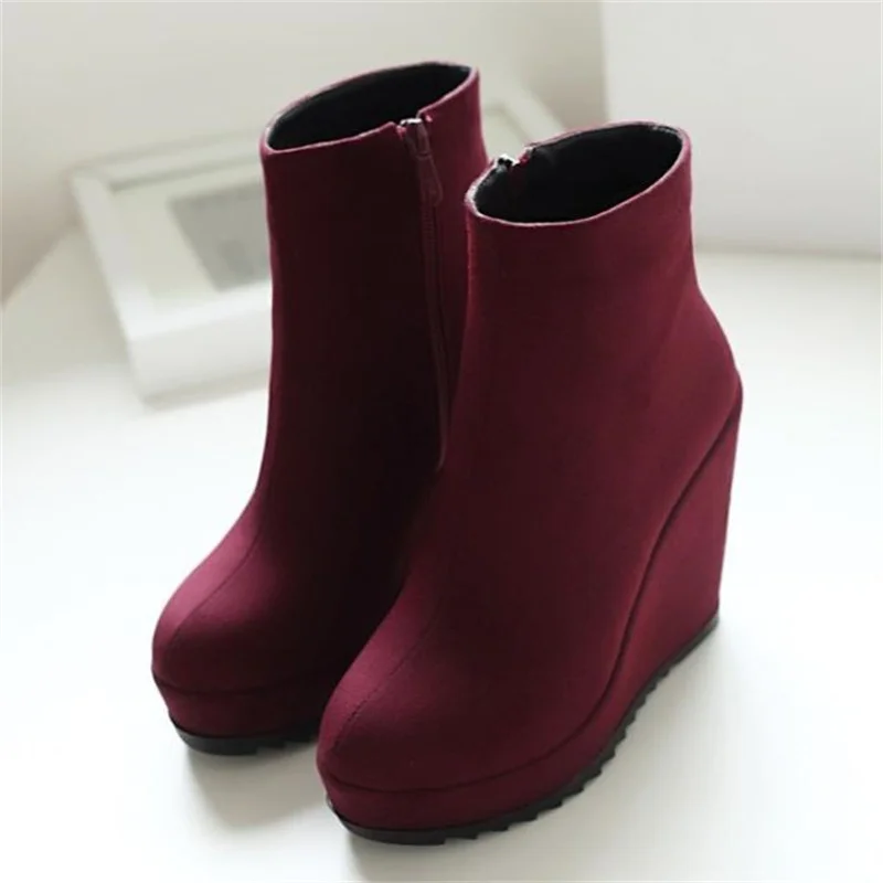 11cm Autumn Winter New Stylish Women Ankle Boots Sexy Platform Round Toe Wedges Boots Woman Ankle Boots Plus size 34-42