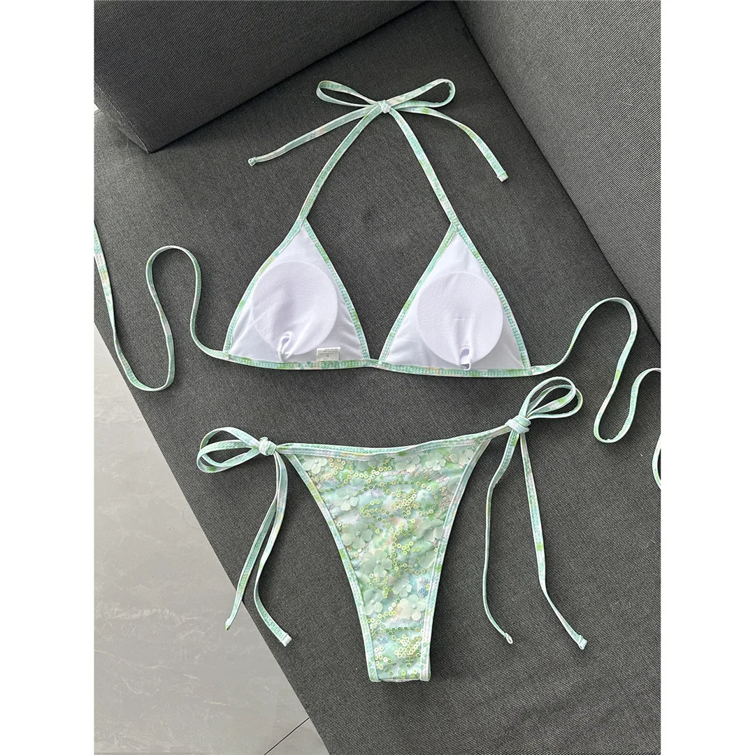 Bedruckter Bikini mit Pailletten, Neckholder-Design, Damen-Badebekleidung, zweiteiliger Bikini, hoher Beinausschnitt, Badeanzug, Badebekleidung, Modell V8237. – Detail 21