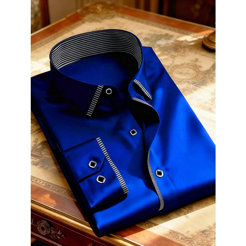 2025 New Men Patchwork Shirt Fashion Dress Tuxedo Long Sleeve Smart Casual Four Season Man Micro Elastic Shirts