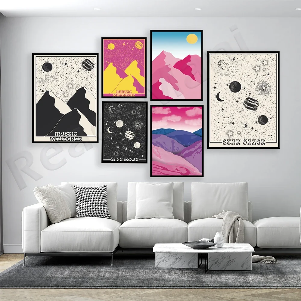 Mysterious wanderer, stargazer illustration, celestial print, starry night poster, pink mountain view, colorful landscape