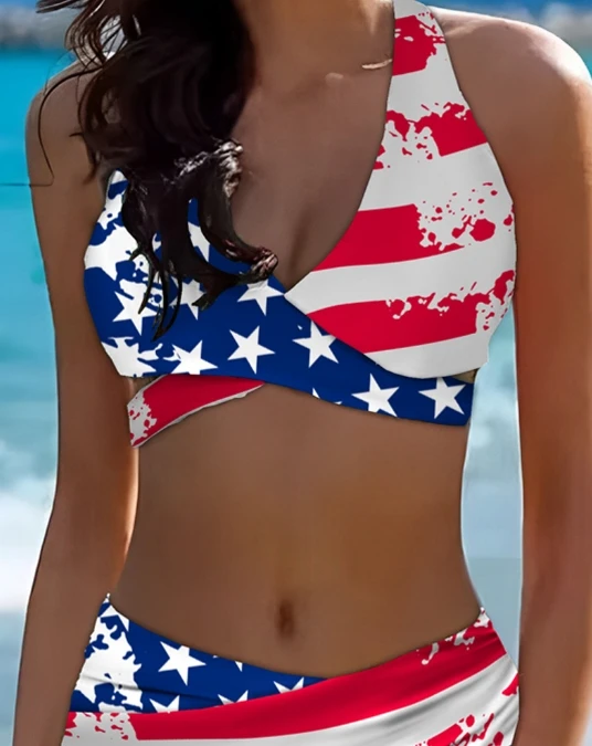 Two Pieces Swimsuit 2024 Summer America Flag Print Beach Crisscross Halter Push Up Retro Swimming Suit High Waist Bikini Set