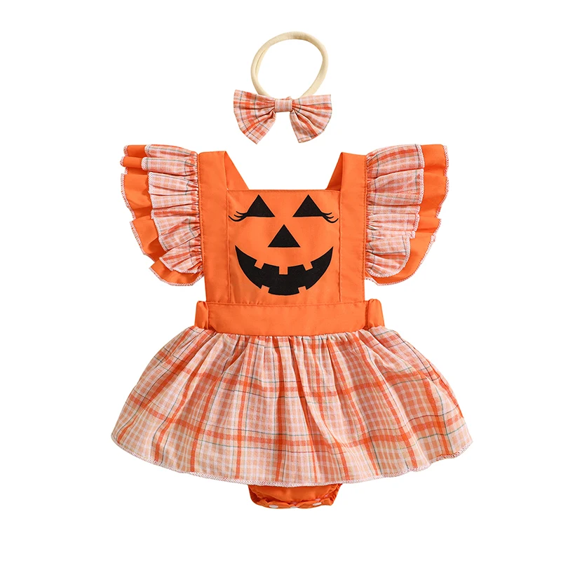 

Toddler Infant Baby Girls 2Pcs Halloween Outfits Ruffle Sleeve Pumpkin Print Romper Dress with Headband Set Newborn Clothes