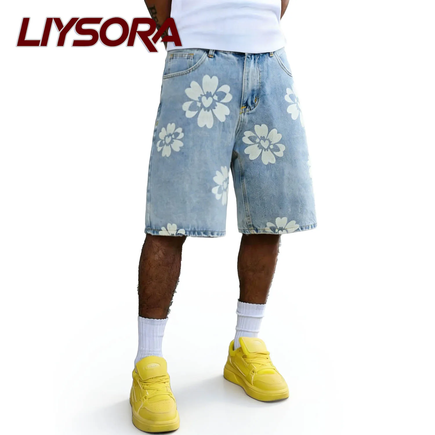 

Джинсовые шорты унисекс LIYSORA: весенне-летние, в корейском стиле, свободные, широкие штанины, с цветочным принтом, бурманды