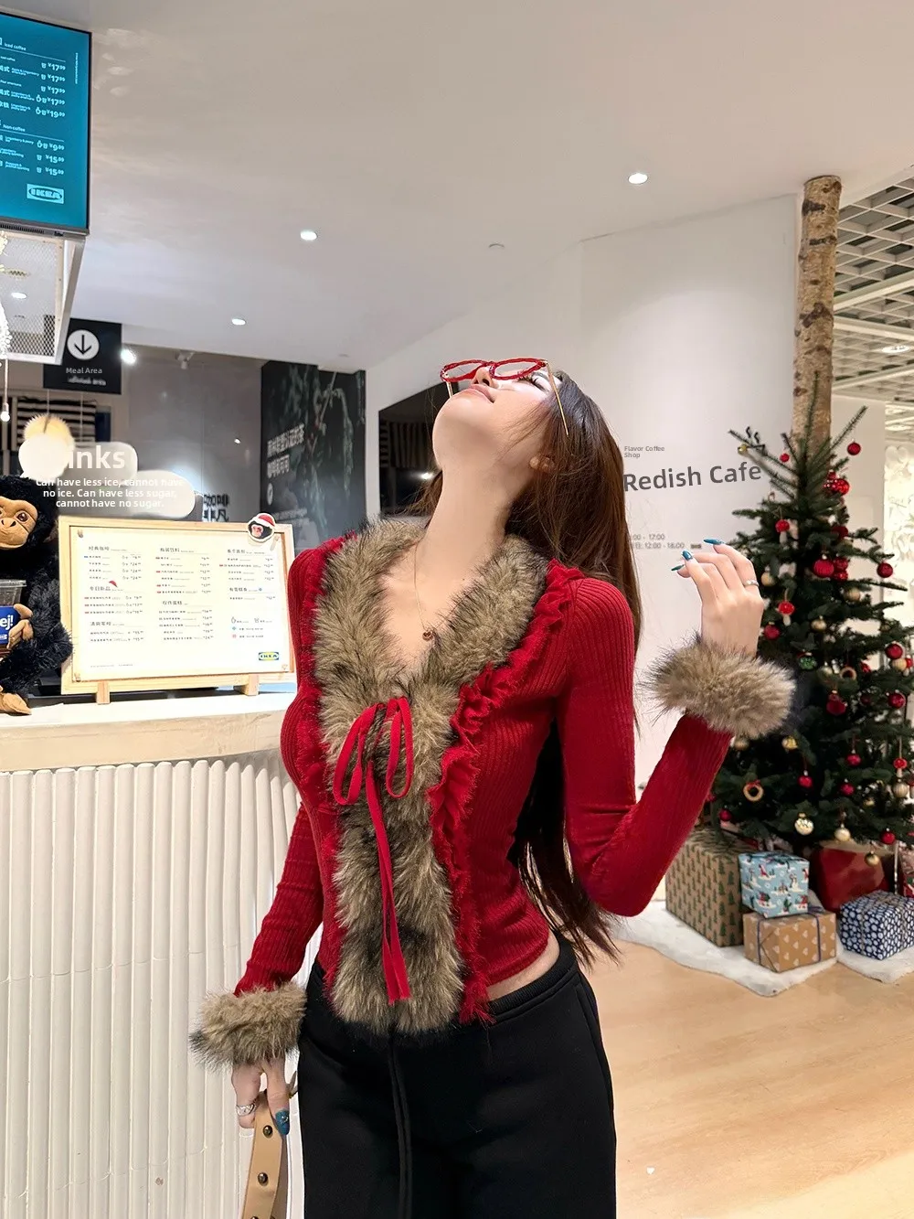 

Ретро-красный вязаный свитер с V-образным вырезом и длинными рукавами для женщин, весенний, приталенный, для ношения под одеждой, стильный топ с меховыми вставками, для повседневной носки