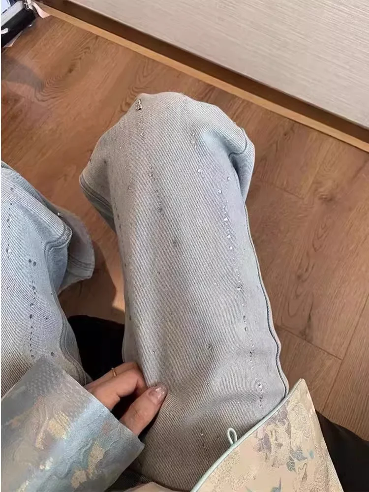 유럽 스타일 라인스톤 청바지 여성 봄 가을 2025 신상 하이웨이스트 슬림핏 마이크로 플레어 팬츠 ins 만능 바지