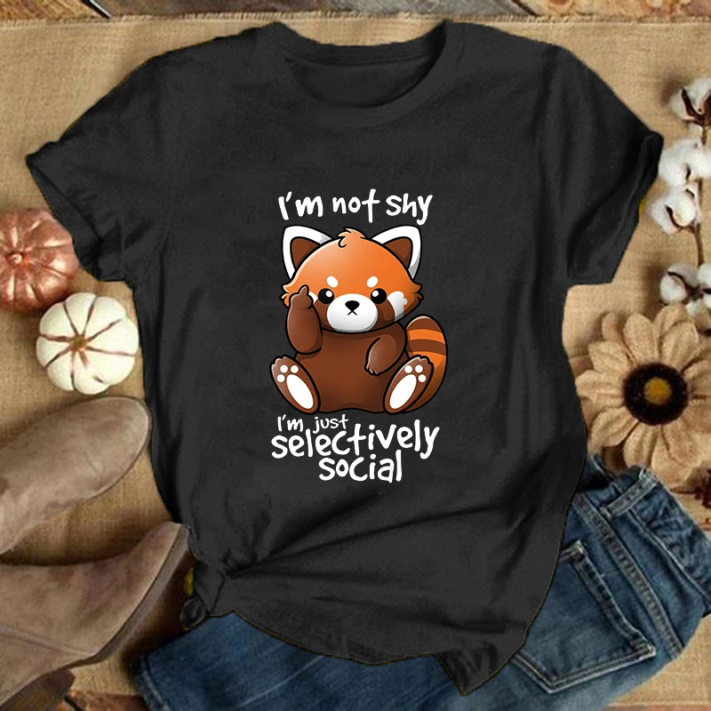 Premium T-shirt Panda I'M Not Shy I'M Just Selectively Social Printed T-Shirts Women Short Sleeve Funny Round Neck Tee Shirt top