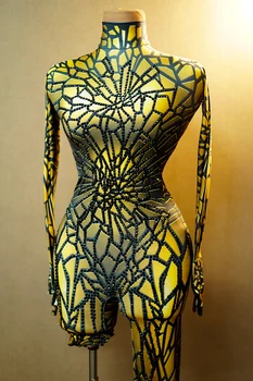 Brokatowy kombinezon z dżetów dla kobiet seksowne rozciągliwe body do tańca impreza piosenkarka strój sceniczny urodziny Drag Queen kostiumy Posui 7G