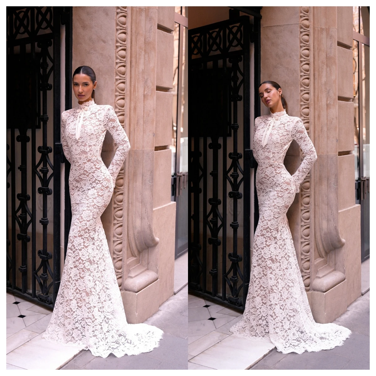 

Customized Exquisite White Lace Evening Dress High Collar Long Sleeves Celebrity Gowns Bespoke Occasion Gowns Open Back Delicate