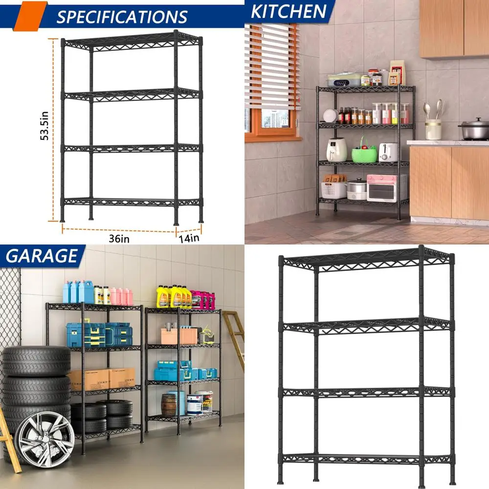

Sturdy 4-Shelf Metal Storage Rack for Home, Kitchen, Laundry, and Pantry, Black
