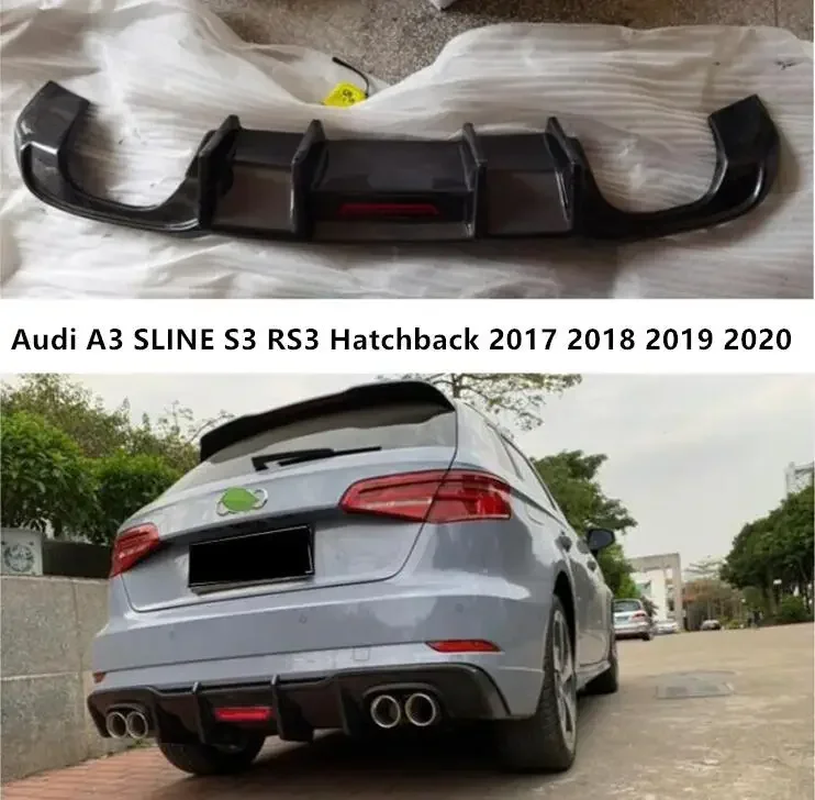 Rear Bumper Diffuser For Audi A3 SLINE S3 RS3 Hatchback 2017-2020 Trunk Door Lip Spoiler Real Carbon Fiber (With LED Light )