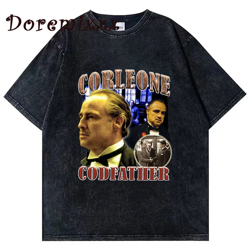 

THE GODFATHER Funny Brand Men Women T-shirt Washed Tees Man Pure Cotton Tops Short Sleeve New Black Casual Loose Unisex Tshirt