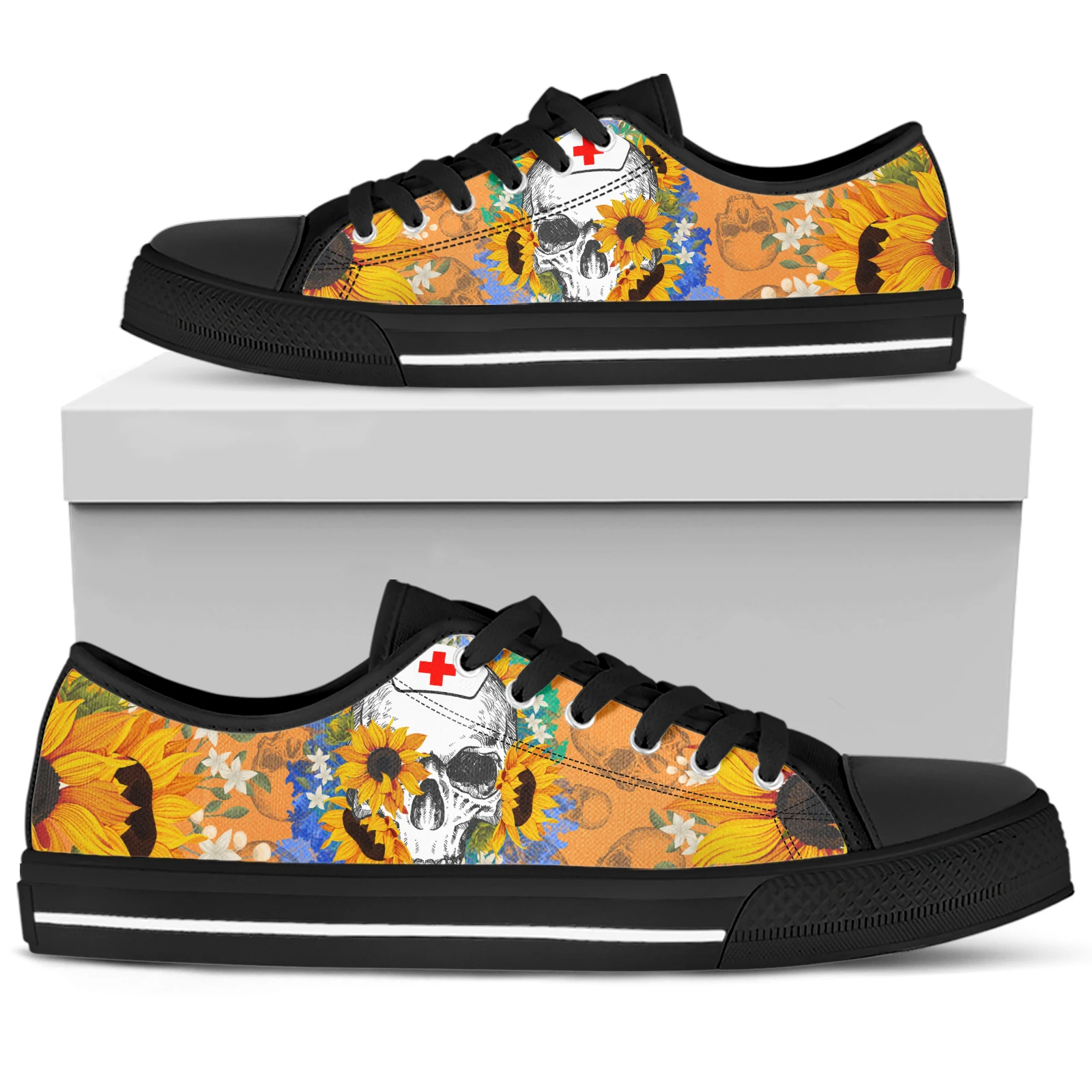 ELVISWORDS Nurse Skull Design Brand Sneakers Sunflower Skull Low Top Lace-Ups Floral Print Casual Sneakers Canvas Shoes Zapatos