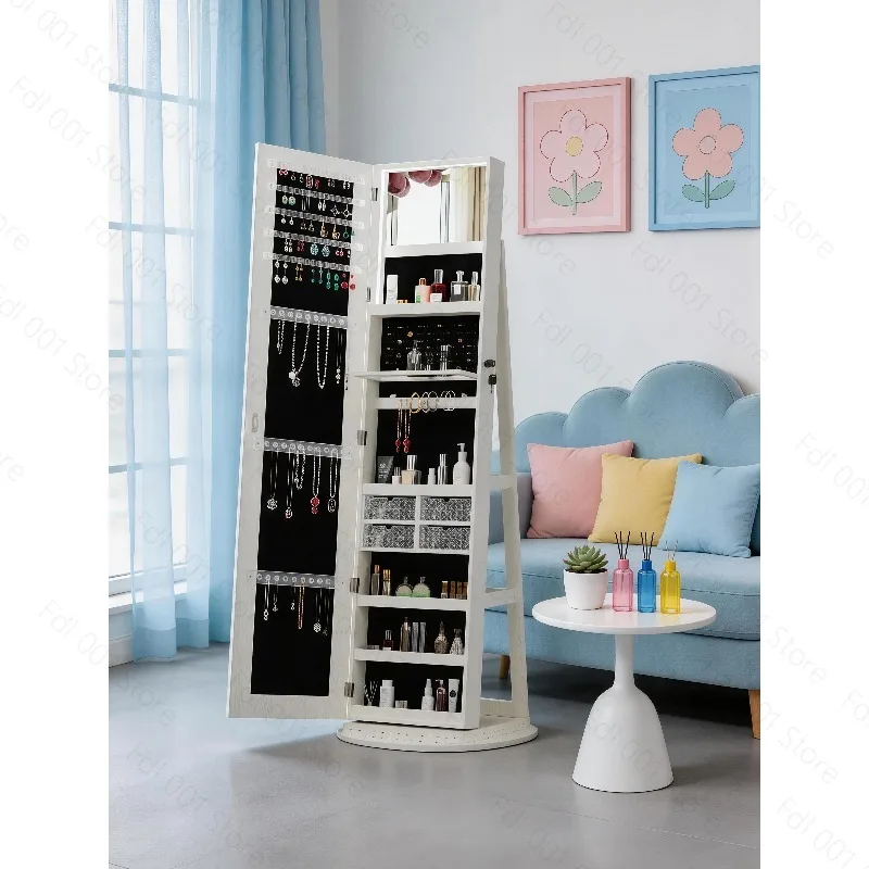 Rotating Solid Wood Full Body Cabinet Home Bedroom Jewelry Storage Floor Moving Fitting Mirror