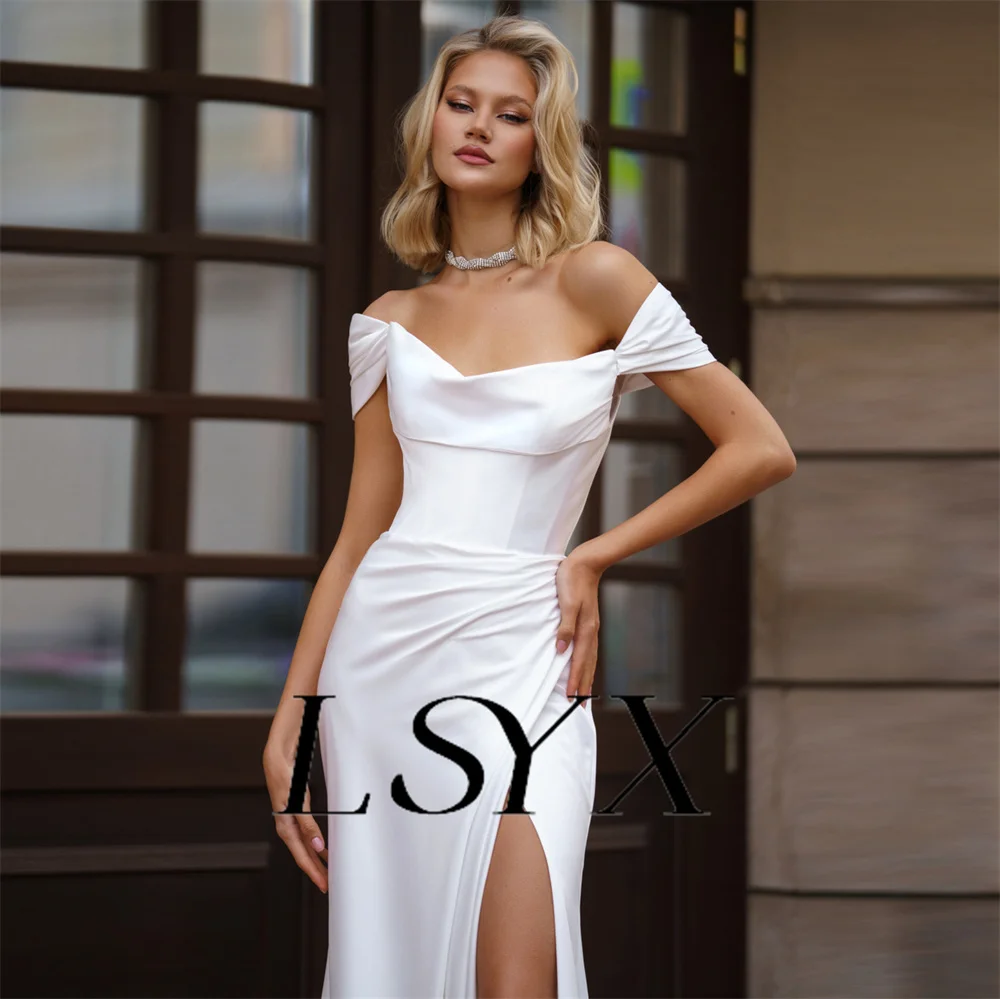 LSYX-Off-Ombro Plissados Vestido De Noiva, Vestido De Sereia Simples, Zipper Voltar, Fenda Lateral Alta, Até O Chão, Vestido De Noiva, Feito Sob Medida