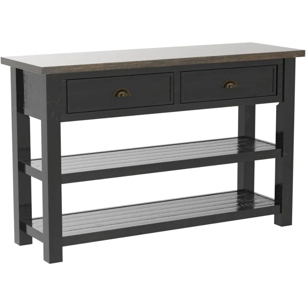 Solid Wood, Console/Sofa Table, Black with Brown Top