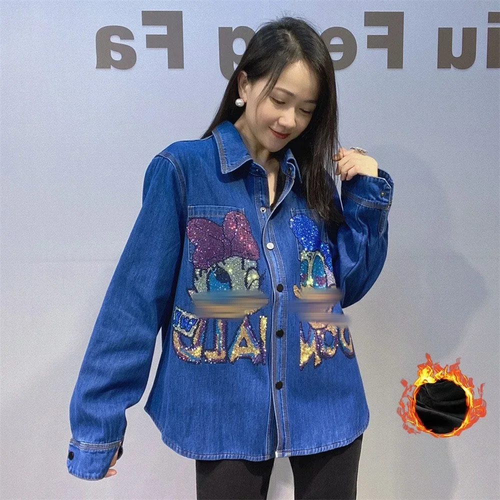 

2025 Long Sleeve Anime Diamonds Denim Shirts Women Fleece Clothes Loose Mid-Length Jeans Blouse Costs Кофточки Женские Модные
