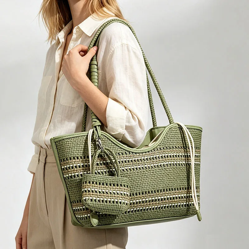 Luxury Designer Knitted Tote Bag For Women,New Trendy PU Braided Embossed Handbag Purse,Inner Pocket Beach Underarm Shoulder Bag