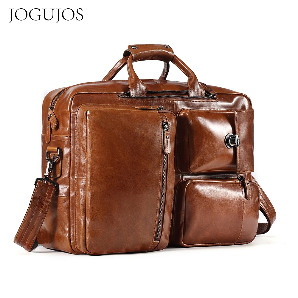 Jogujos Echt leder Aktentasche für Männer Umhängetasche Multifunktions 17.3 "Laptop Rucksack Retro Hochleistungs-Reisetasche