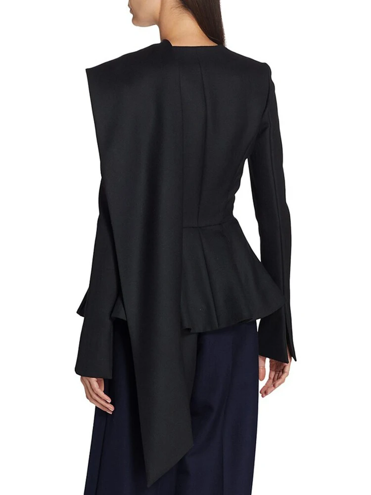 GALCAUR Solid Asymmetrical Elegant Tunic Blazers For Women O Neck Shawl Long Sleeve Spliced Hidden Breasted Coat Female Clothing