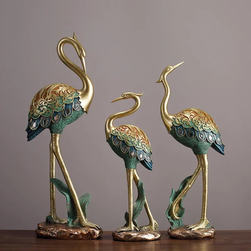 

Resin animal sculpture Painted Crane bird Simulation animal statue crafts ornaments Golden relief Handmade Home Decoration