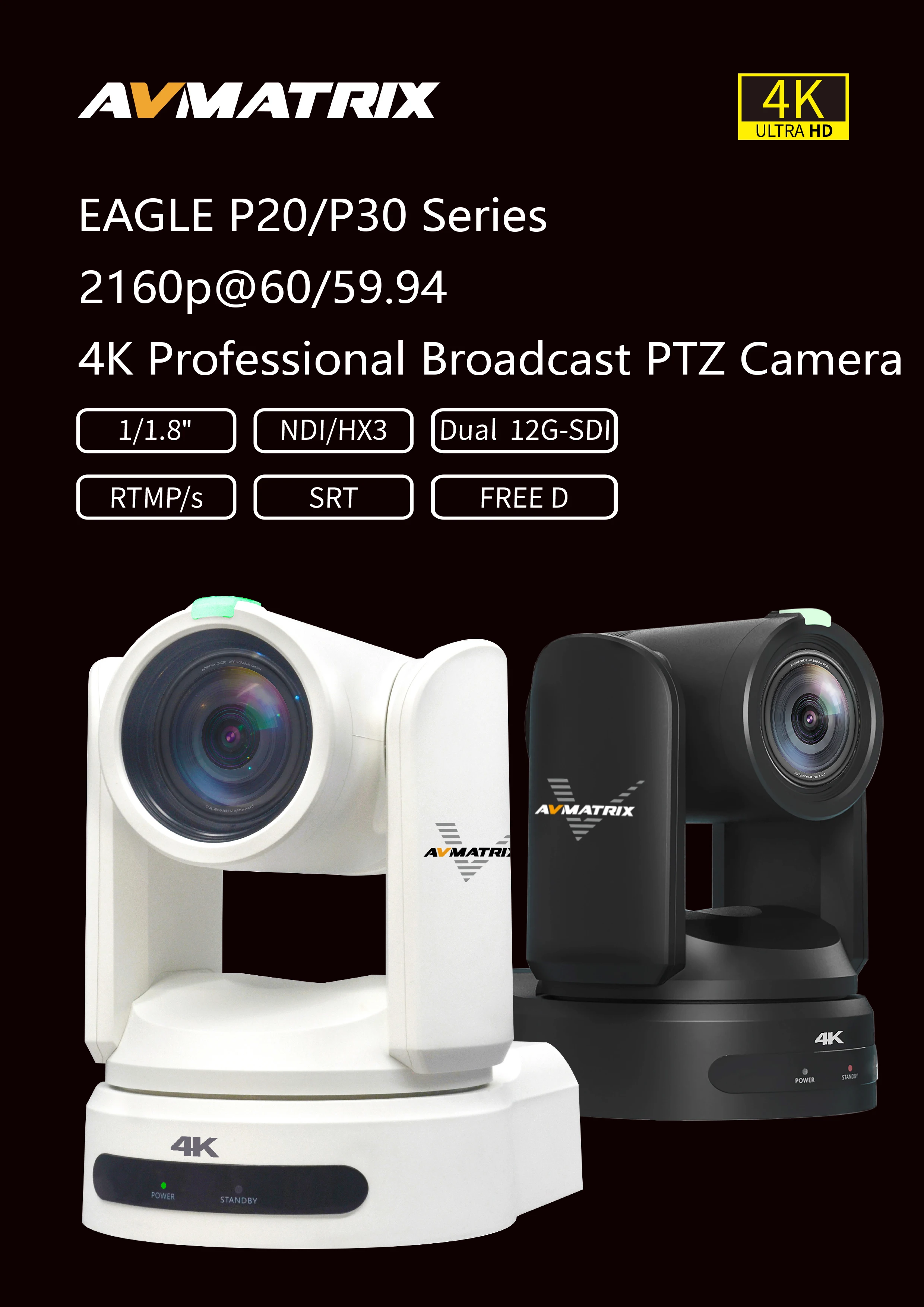 AVMATRIX EAGLE P20-12G Professional 4K Ultra HD PTZ Camera  60fps NDI SDI HDMI for Professional Church Live Stream Production