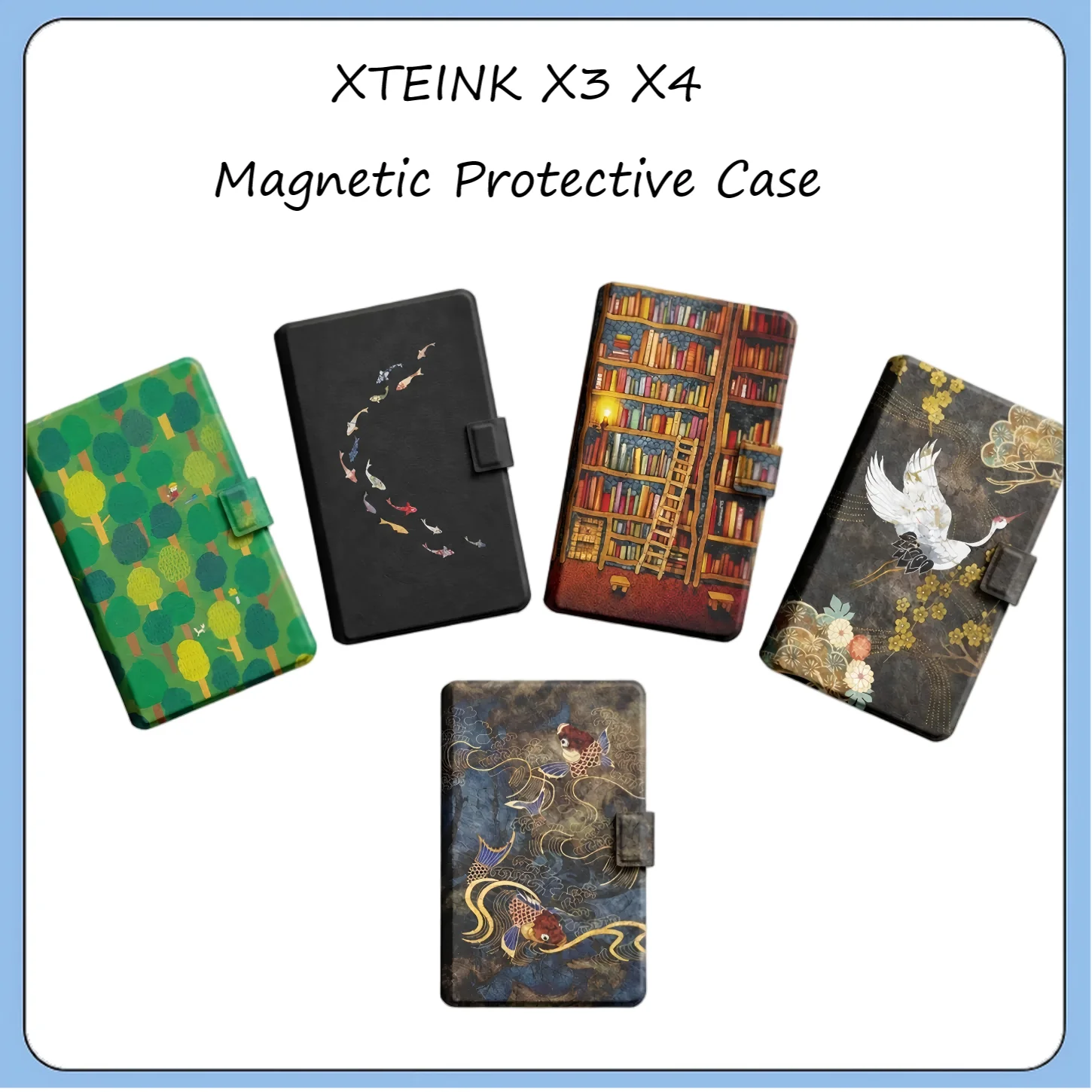 For XTEINK X3 X4 E-Ink Ebook Reader Magnetic Protective Folio Case Slim Portable Cover with Koi Crane Chinese Style TPU Gift