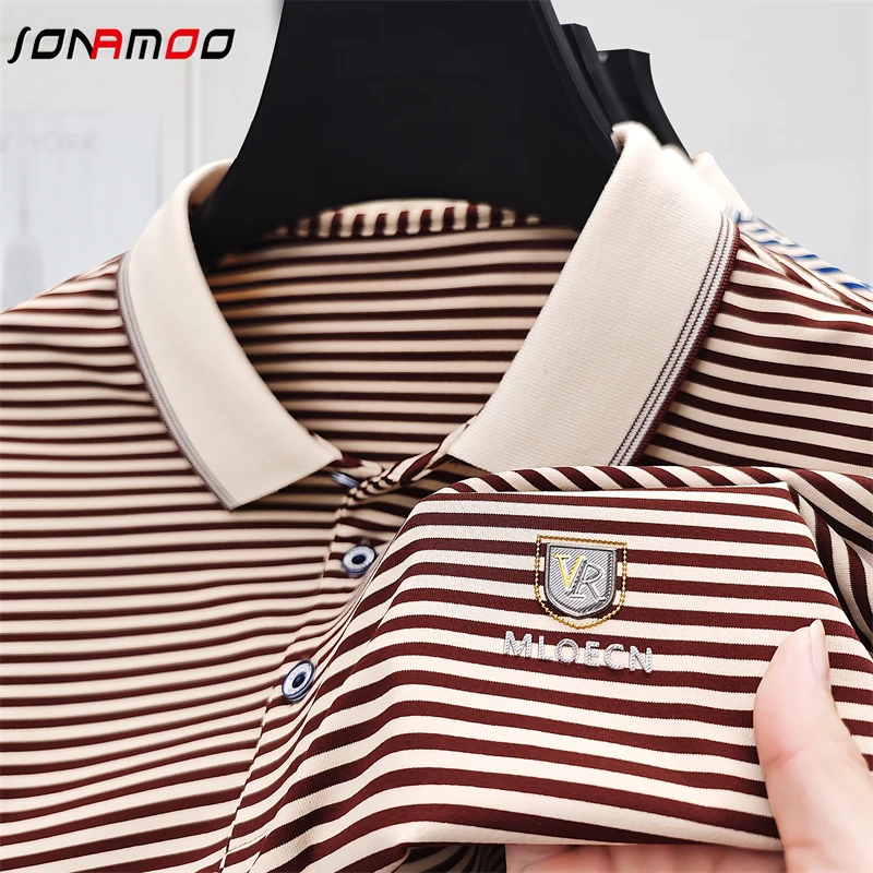 New Men's Casual and Fashionable Striped Embroidered Long Sleeved Polo Shirt Comfortable Breatable Versatile Top