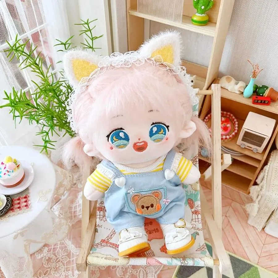 niannyyhouse 20cm Plushie Doll Clothes Bear Overalls Striped TShirt Kpop Doll Clothing Yellow