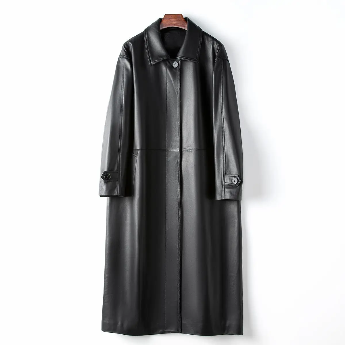 Manteau long en cuir véritable pour femme, coupe-vent, au-dessus du genou, col trempé, Haining, printemps, nouveau, 2024