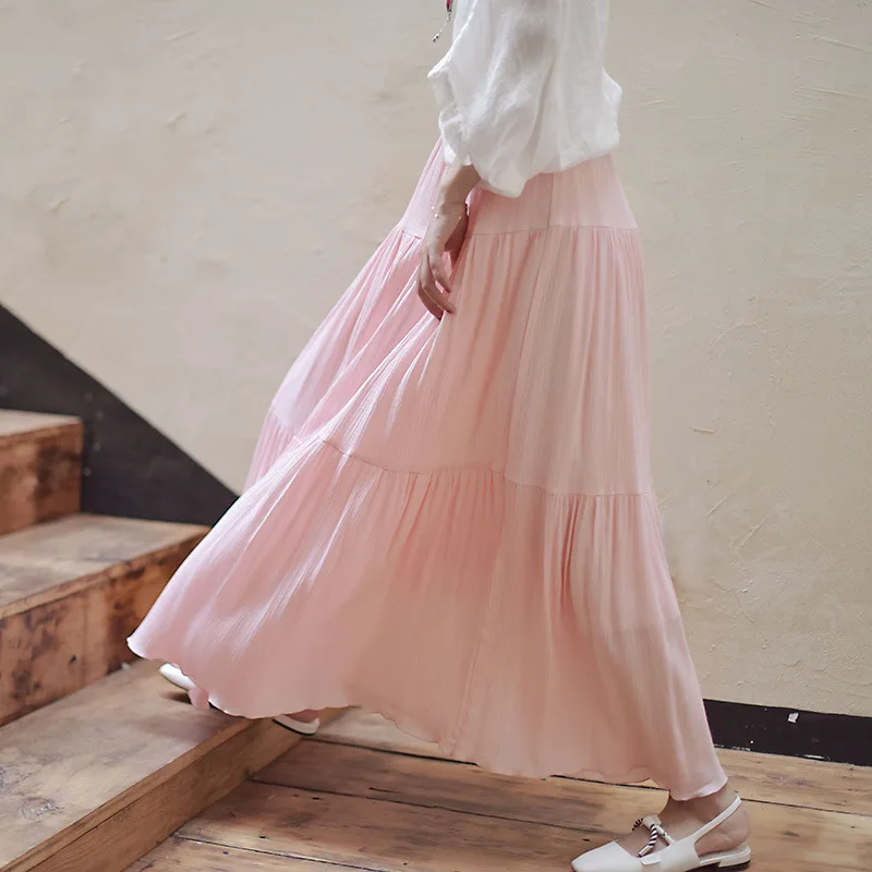 

Vintage Solid Colour Cotton Linen Midi Skirt Spring Summer High Waist A-line Beach Holiday Aesthetics Pleated Women Long Skirt