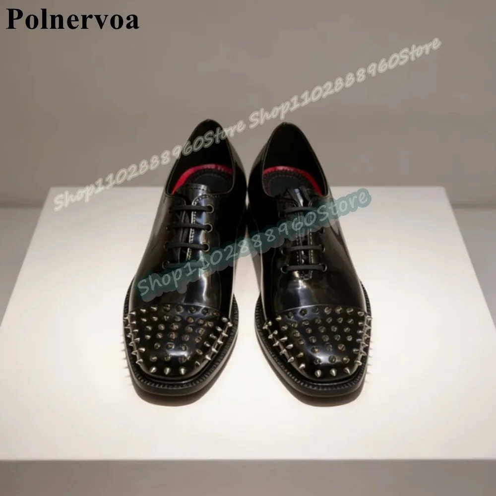 

Superb Black Glazed Leather Rivets Cross Tied Men Pumps Flats Dress Shoes For Men Slip On Formal Fashionable Catwalk Men Pumps