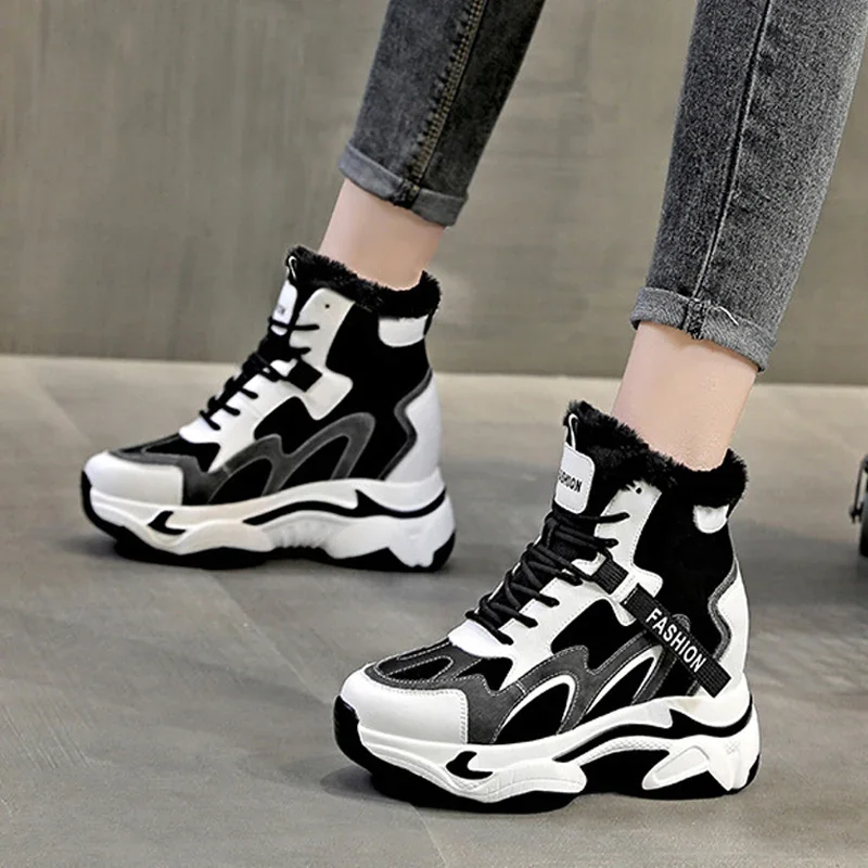 

2025 Autumn Winter Shoes Women Snow Boots Warm Plush Genuine Leather Shoes Brand Ladies Ankle Boots Height Increasing 9cm DX705