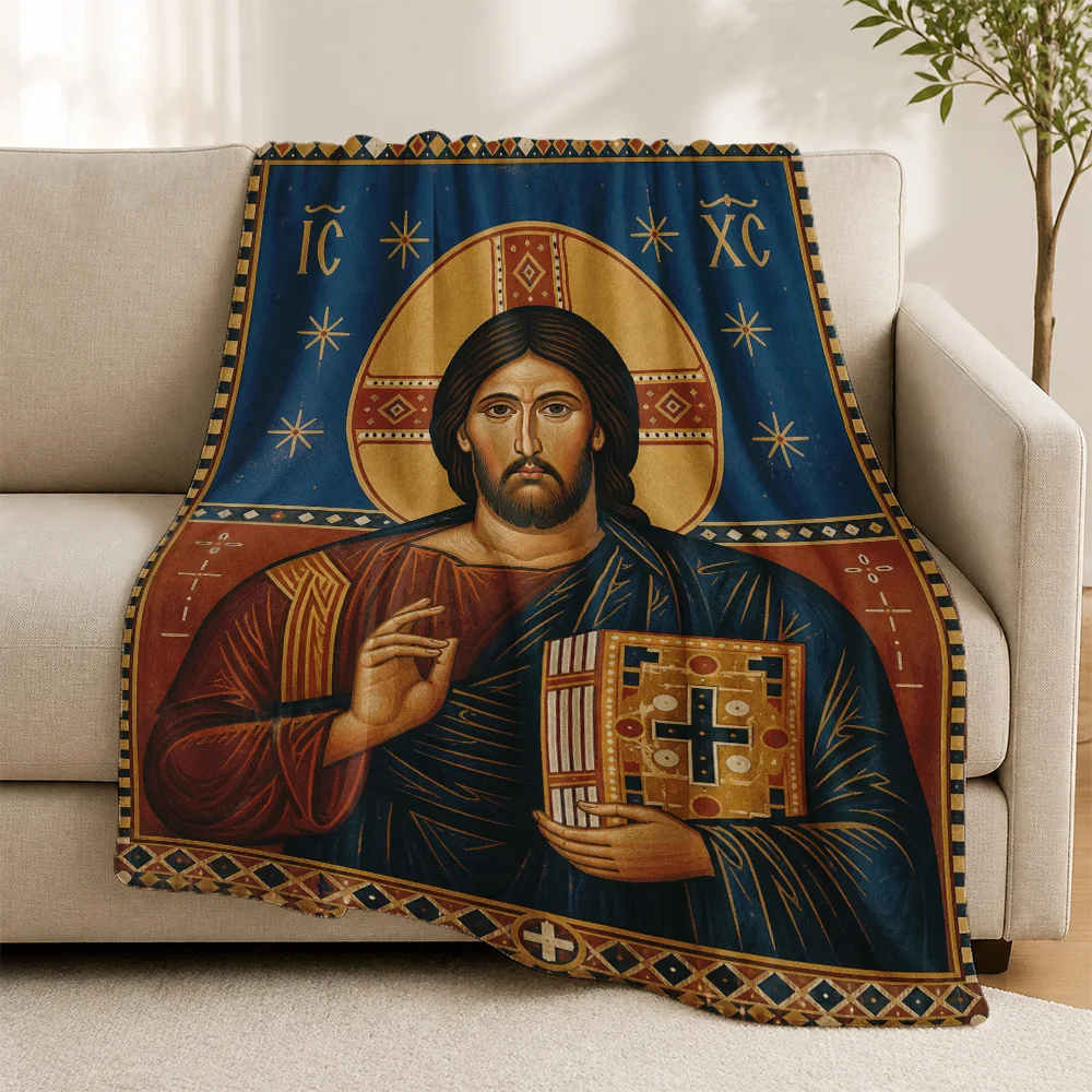 Decorative Jesus Christ Icon Sofa Throw Blanket Religious Christian Byzantine Art Home Decor Accent Couch Cover for Living Room