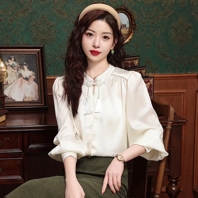 

New Chinese Style Acetate Chiffon Women's Shirt Spring Summer Vintage Tassel Button High-End Fashion Small Top Upper Body