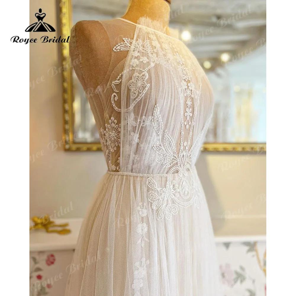 Roycebridal renda tule halter uma linha boho praia plissados vestido de casamento 2025 robe mariage vestido de noiva recibo jantar personalizado