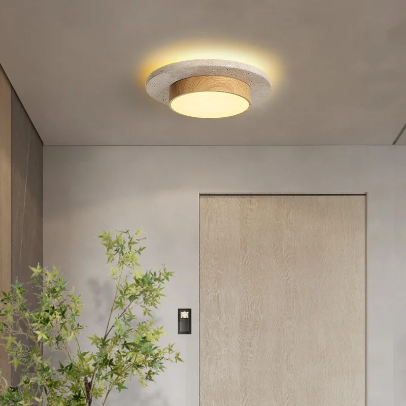 Wabi Sabi 32W Travertine LED Ceiling Lamp 3000K Light Yellow Stone Walnut/Wood Color Living Room Natural Stone Ceiling Light