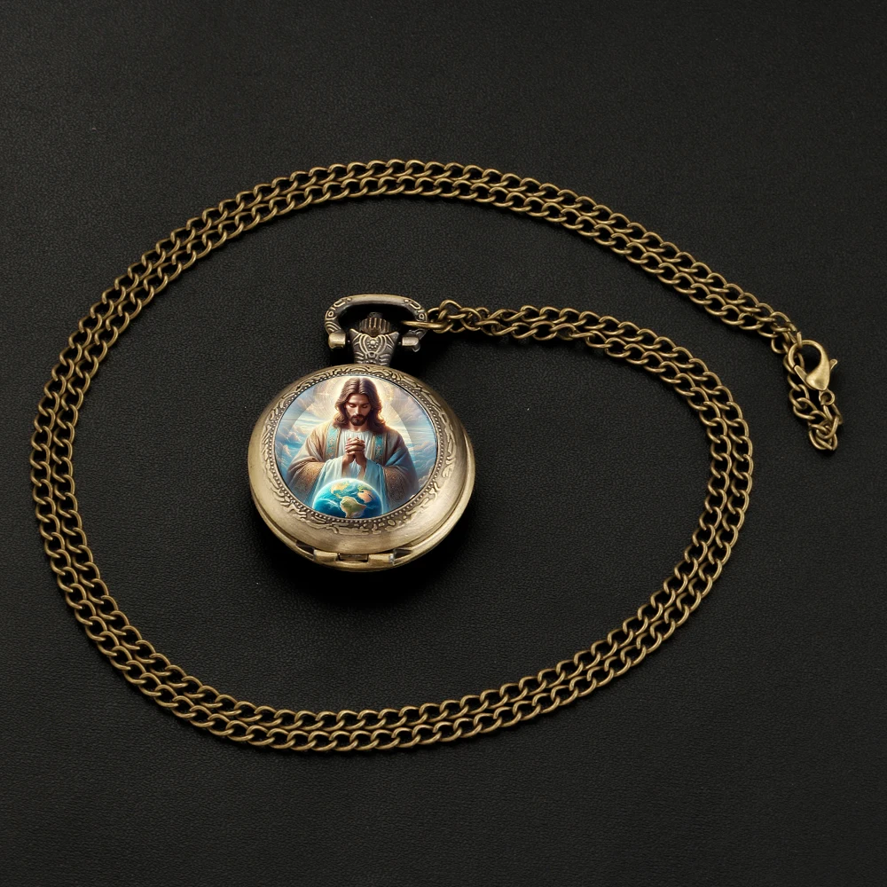 Misterioso Gesù Figlio di Dio Orologio da tasca al quarzo vintage in bronzo Donna Uomo Collana Orologio con ciondolo unico Orologio Accessori regalo