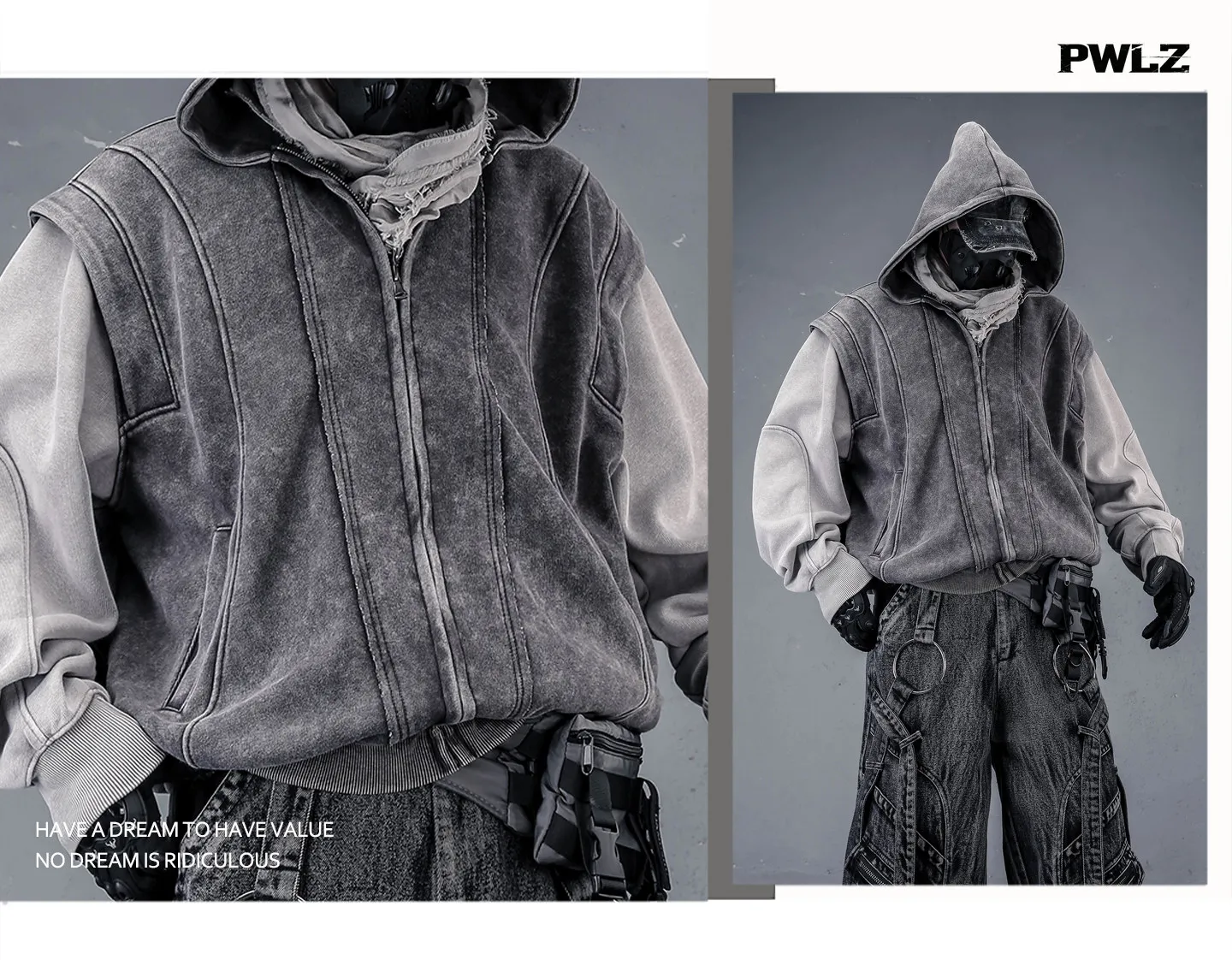 Washed Distressed Fake Two Piece Patchwork Punk Vintage Hoodies Man Techwear Gothic Zip Up Hoodie Street Wear
