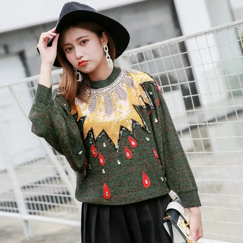 

Y2k Women's sweater luxury brand jumper Sequin Beading Pullovers Long Sleeve Back Zipper Sweater for Women Streetwear Knit Tops