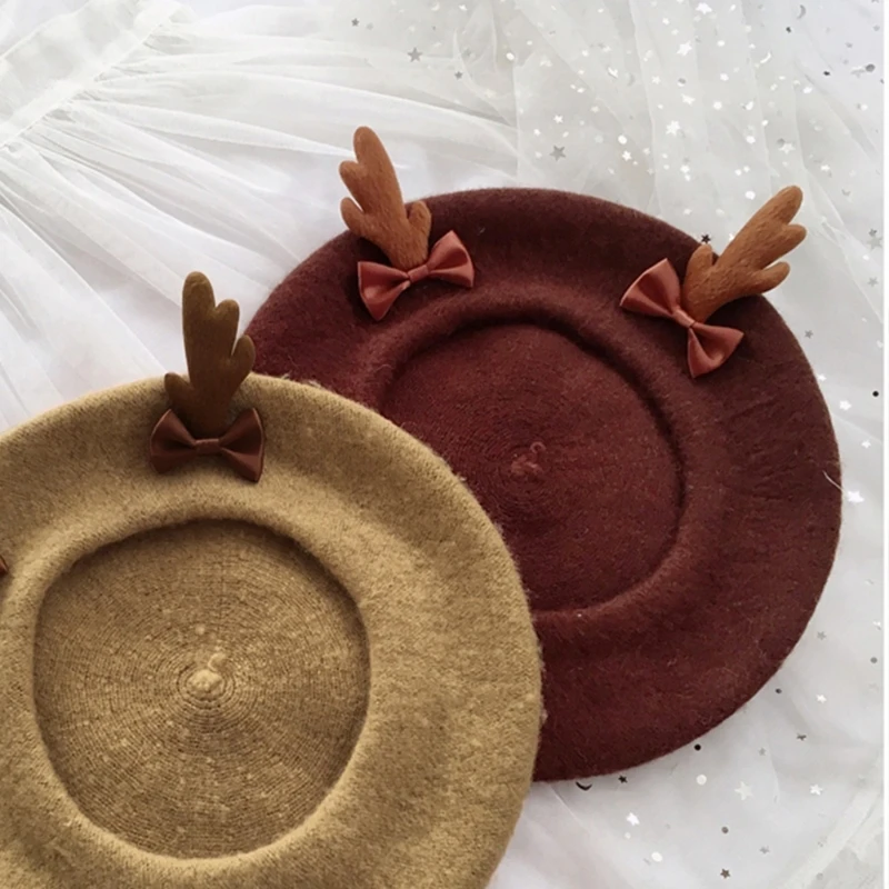 Women Kawaii Antler Beret Cap Christmas Cute Deer Antlers Wool Painter Hat Female Girls Vintage Lolita Warm Beanie Hat for Party