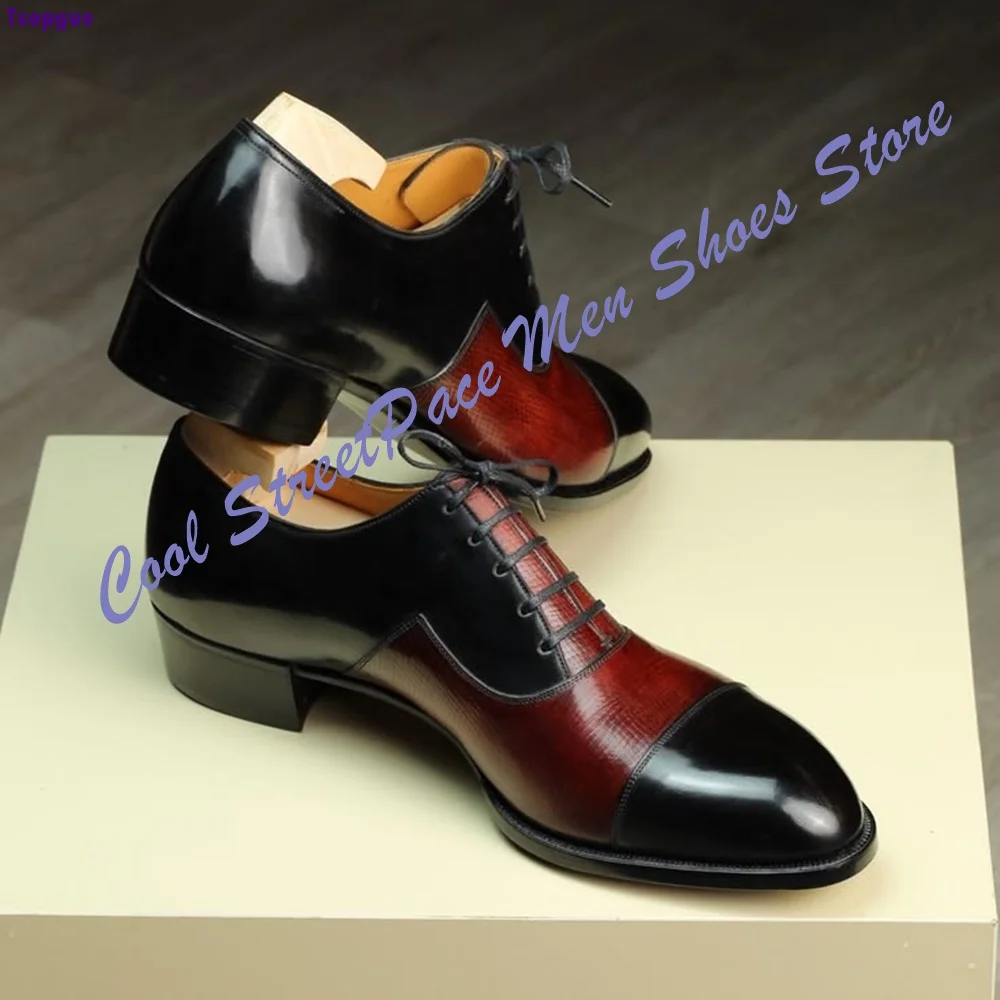 Fashion Men Contrast‑Color Patchwork Oxford Shoes Black Wine Red Upper Lace‑up Cap Toe Formal Dress Footwear For Office Men