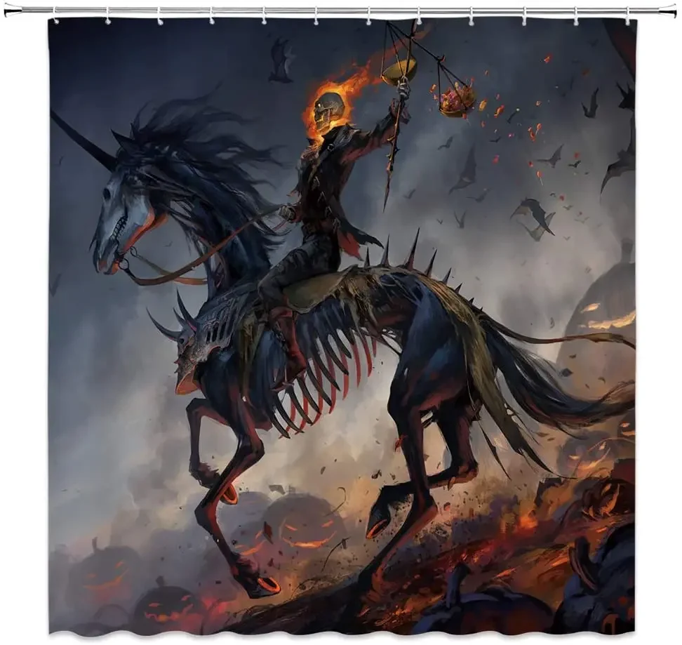 Fantasy Skull Shower Curtain Horse Skeleton Warrior Knight Bats Halloween Pumpkins Night Scenery Décor